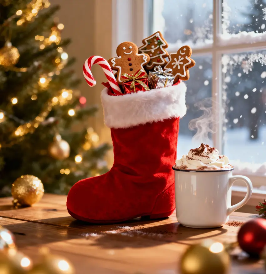 Christmas scene with stocking, hot cocoa, and decorated tree.
